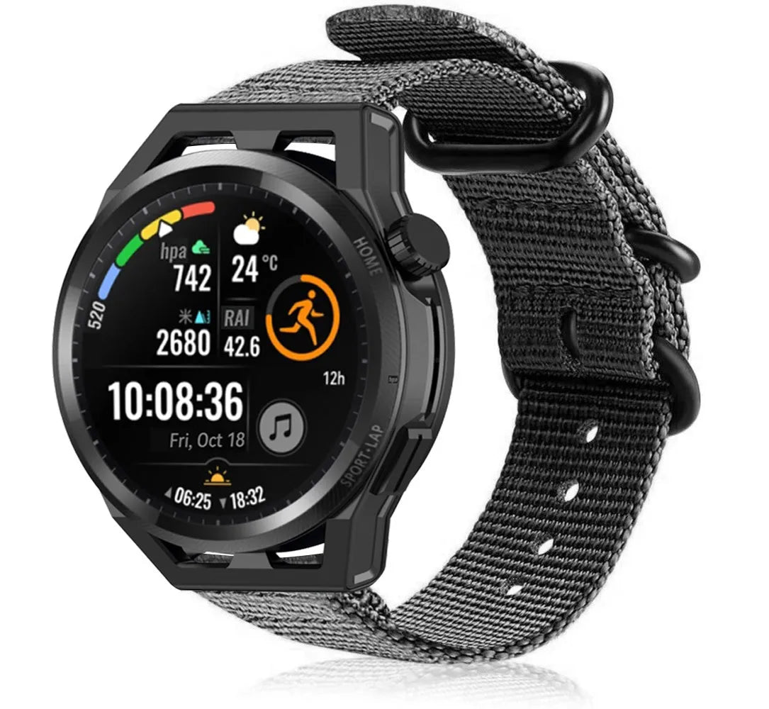 Nylon Buckle Strap, black, on a watch, 3/4 front view