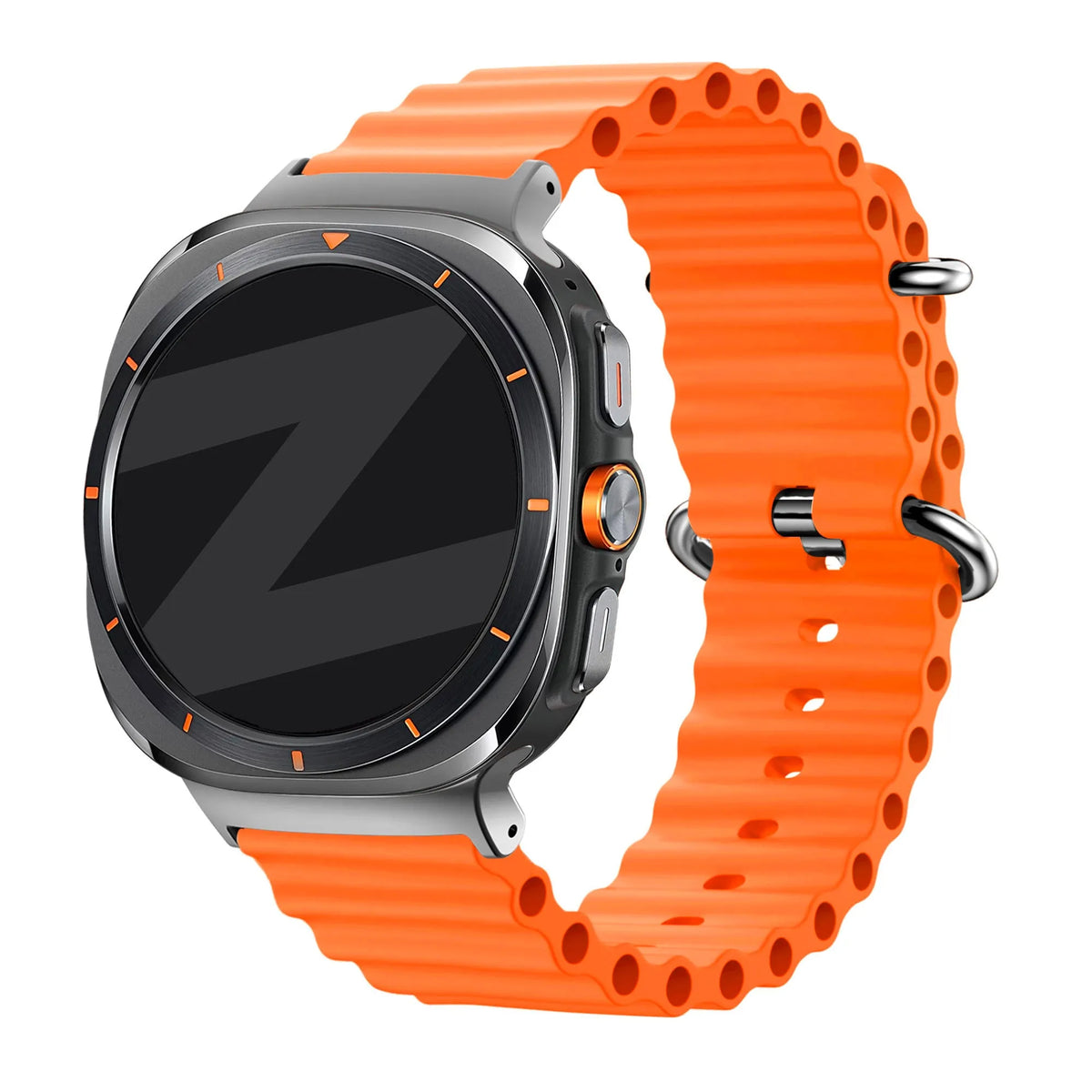 Silicone Ocean Strap 'Classic', orange, on a watch, 3/4 front view
