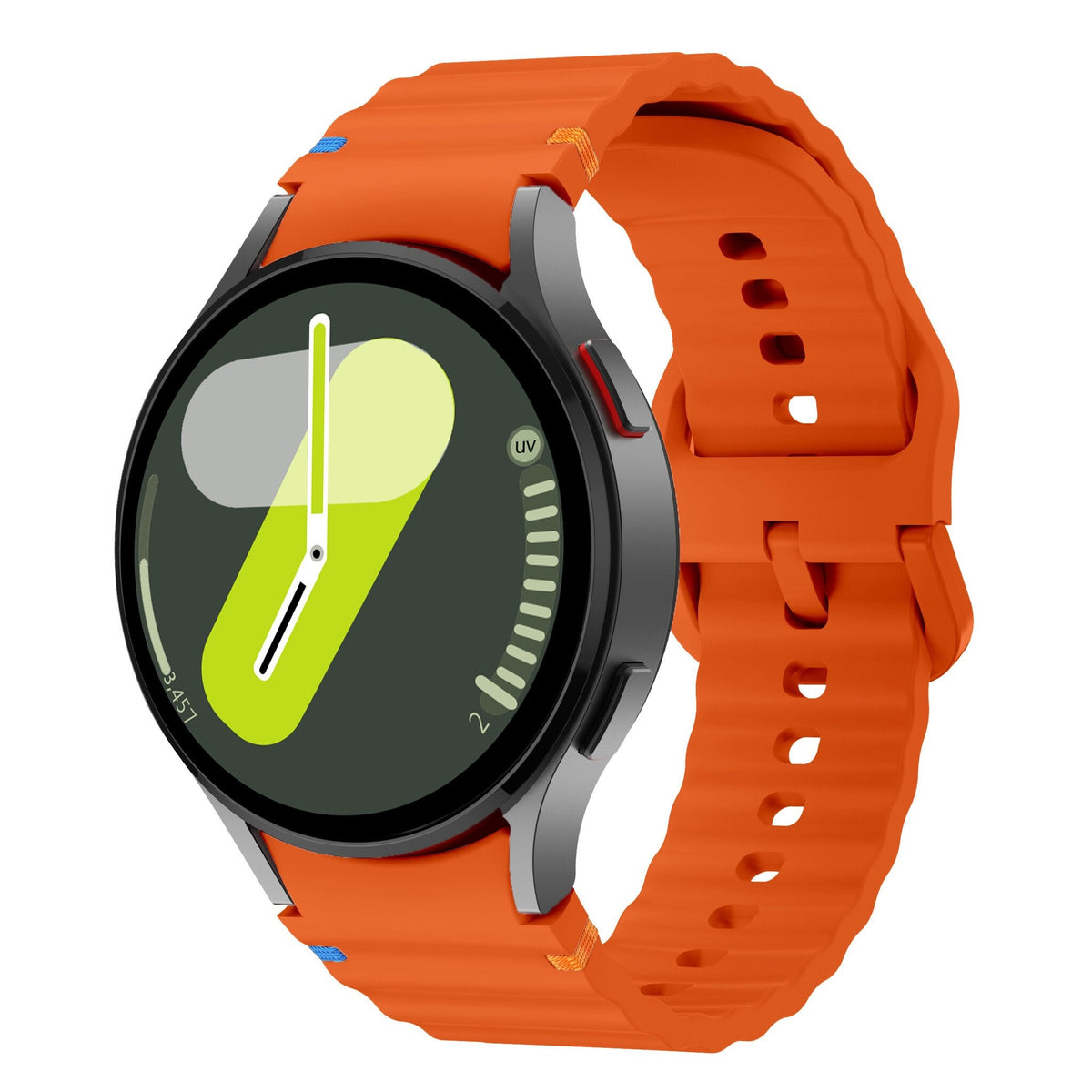 Wave Silicone Strap, orange, on a watch, 3/4 front view