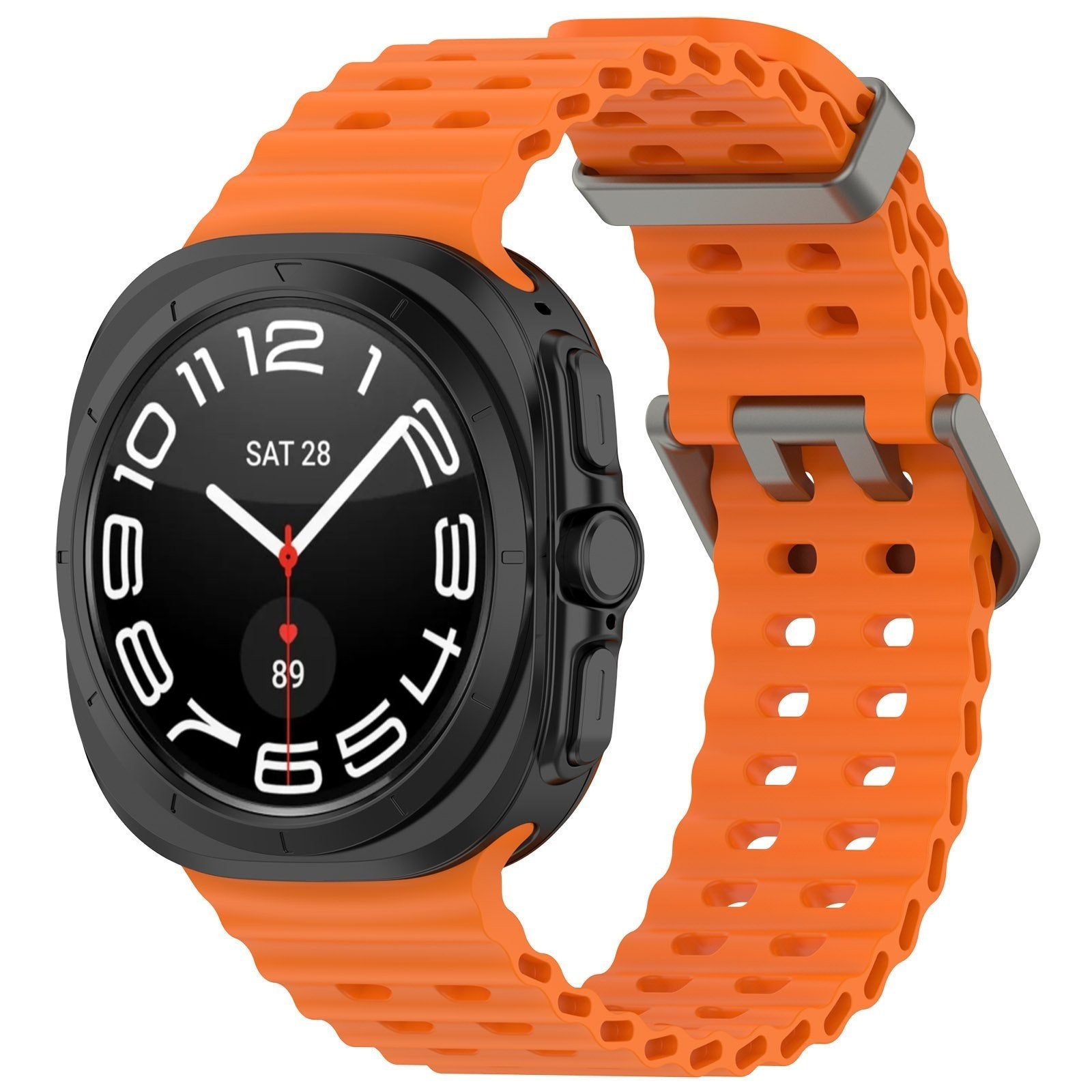 Silicone Ocean Strap, orange, on a watch, 3/4 front view