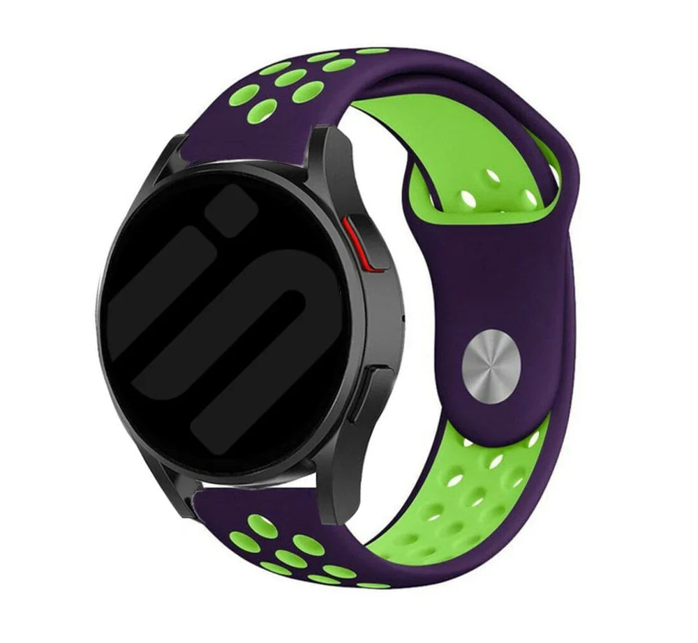 Silicone Sport Strap, purple/green, on a watch, 3/4 front view