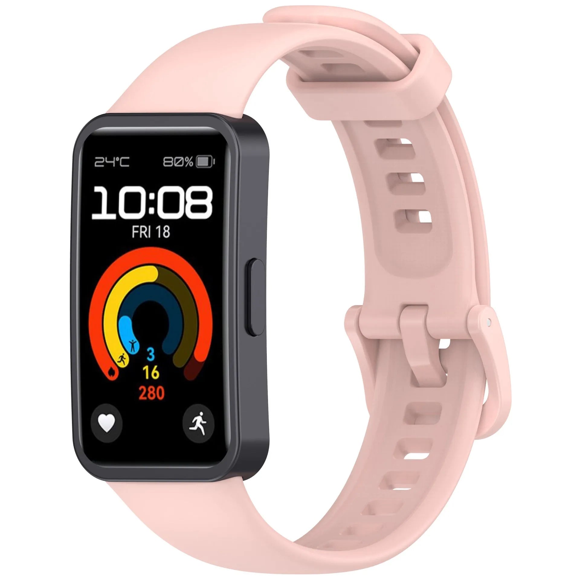 Silicone Strap, pink, on a watch, 3/4 front view