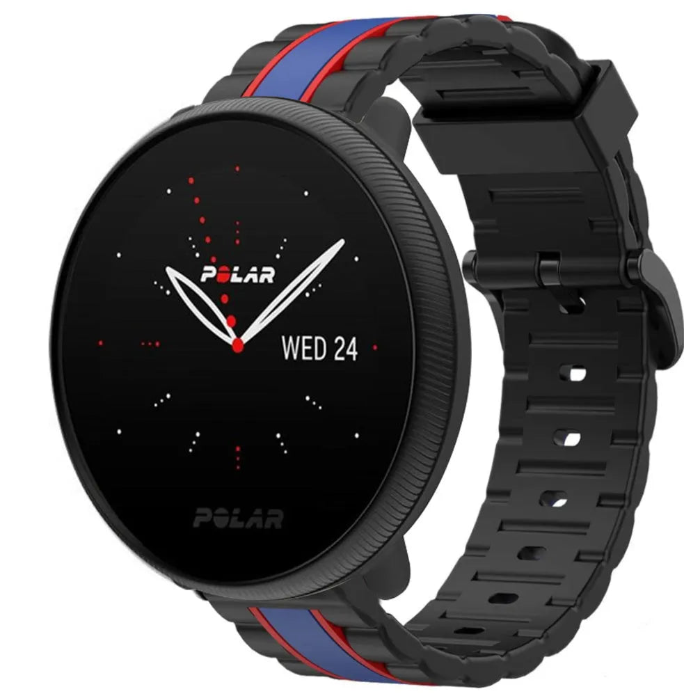 Silicone Special Edition Strap, black/blue, on a watch, 3/4 front view