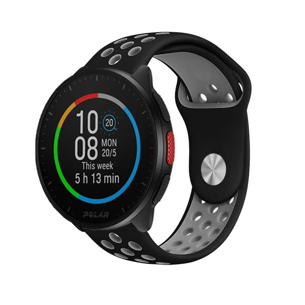 Silicone Sport Strap, black/grey, on a watch, 3/4 front view