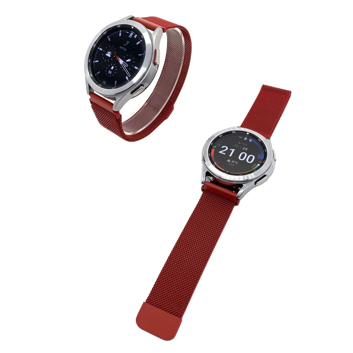 Milanese Strap, red, on a watch, 3/4 front view