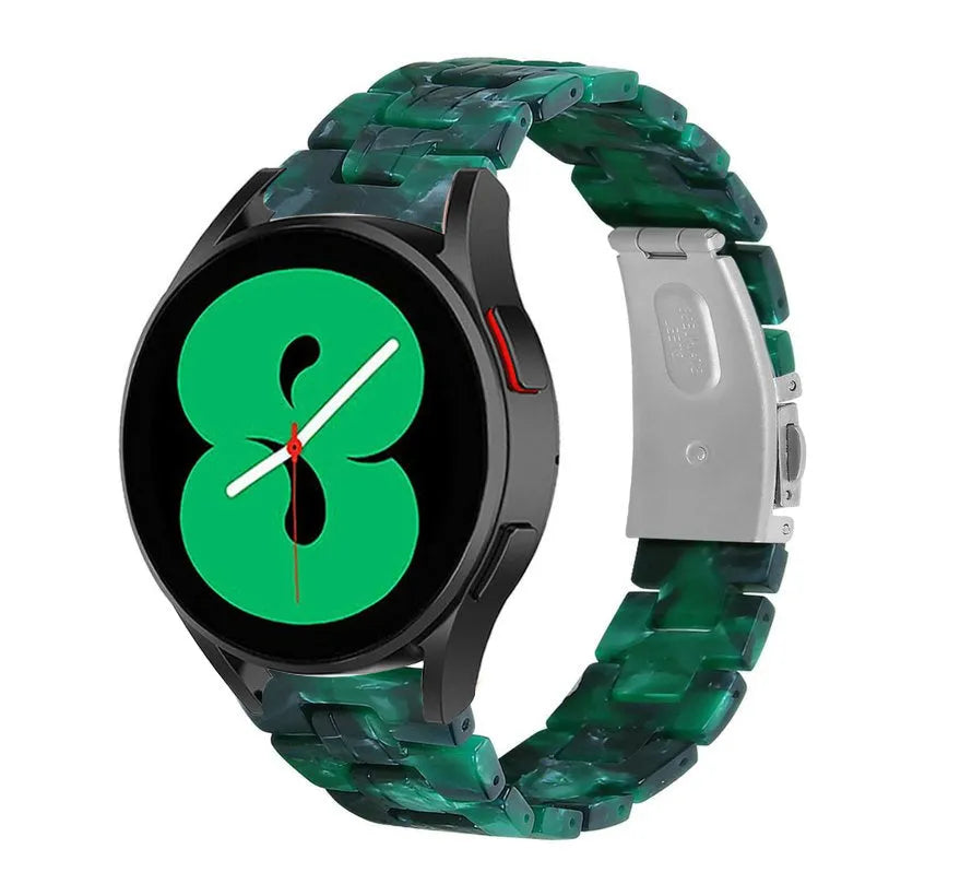 Metal Resin Strap, green, on a watch, 3/4 front view
