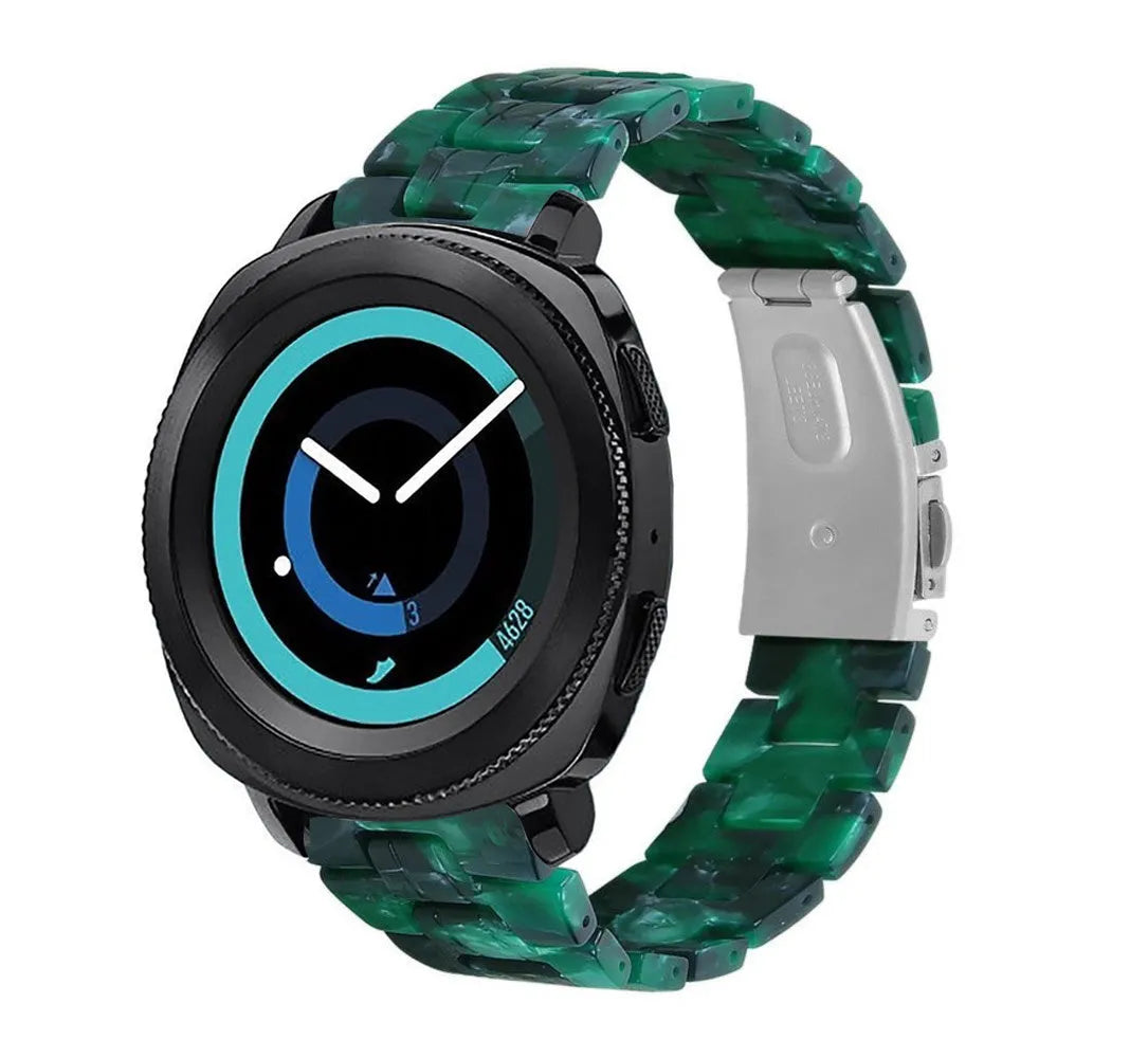 Metal Resin Strap, green, on a watch, 3/4 front view
