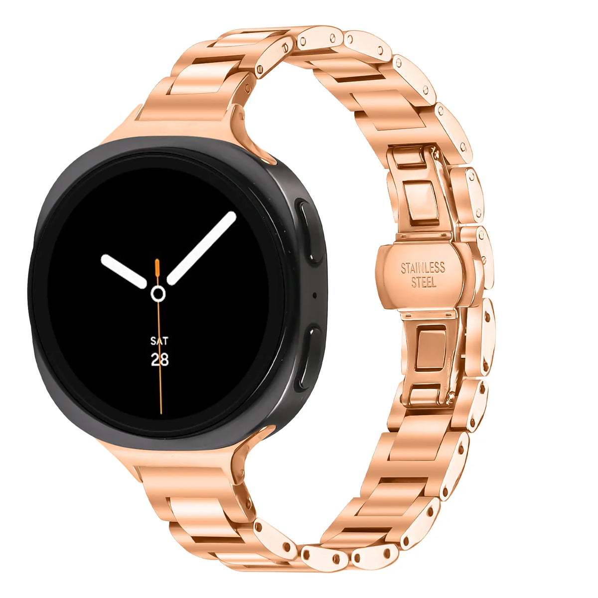 Slimfit Steel Strap, rose gold, on a watch, 3/4 front view