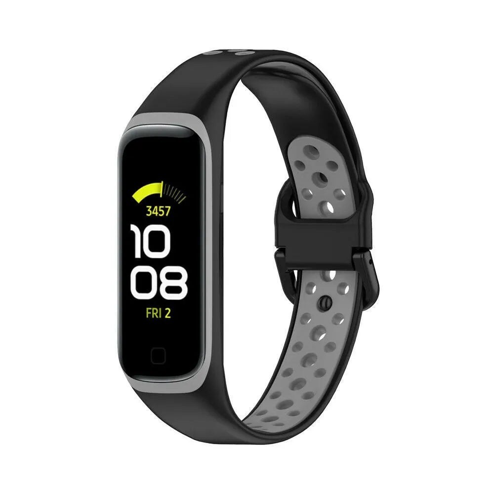 Silicone Sport Strap, black/grey, on a watch, 3/4 front view
