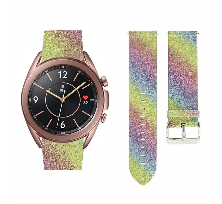 Leather Strap with Glitters, rainbow, on a watch, 3/4 front view