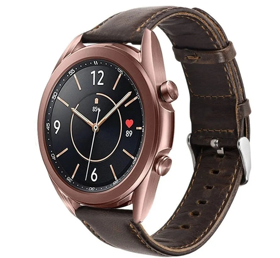 Leather Strap, dark brown, on a watch, 3/4 front view