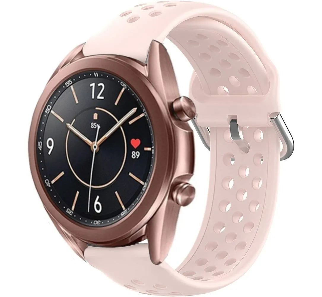 Breathable Silicone Strap, pink, on a watch, 3/4 front view
