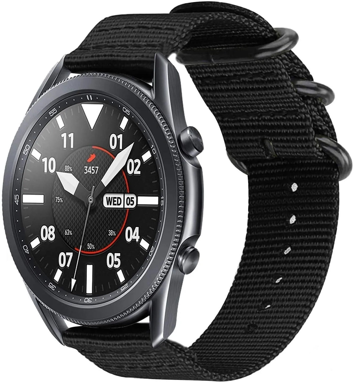 Nylon Buckle Strap, black, on a watch, 3/4 front view