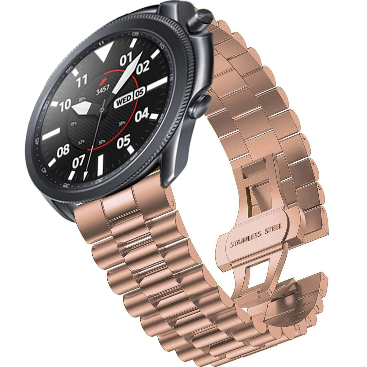 Presidential Steel Strap, rose gold, on a watch, 3/4 front view