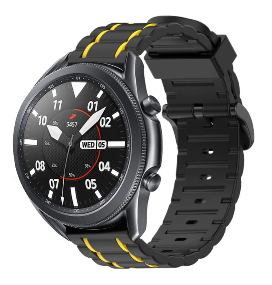Silicone Sport Strap with Buckle, black/yellow, on a watch, 3/4 front view