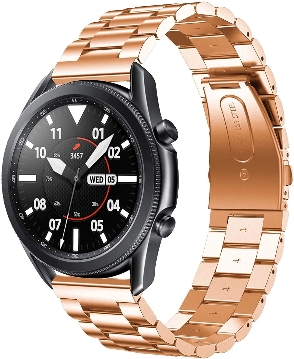 Steel Strap, rose gold, on a watch, 3/4 front view