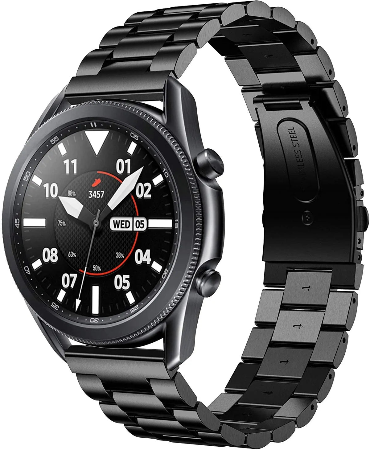 Steel Strap, black, on a watch, 3/4 front view