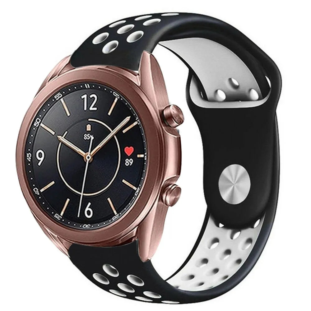 Silicone Sport Strap, black/white, on a watch, 3/4 front view