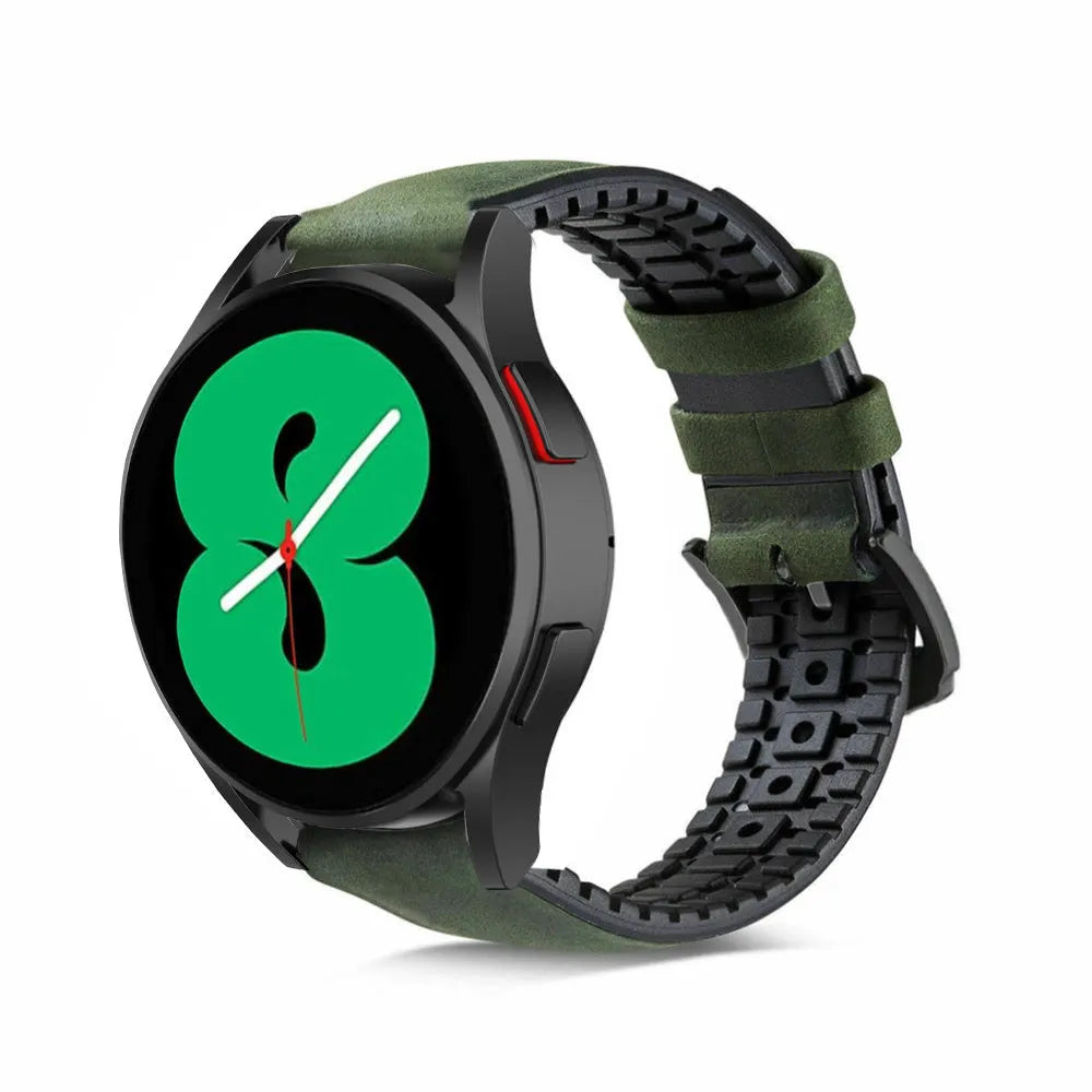 Leather Hybrid Strap, green, on a watch, 3/4 front view