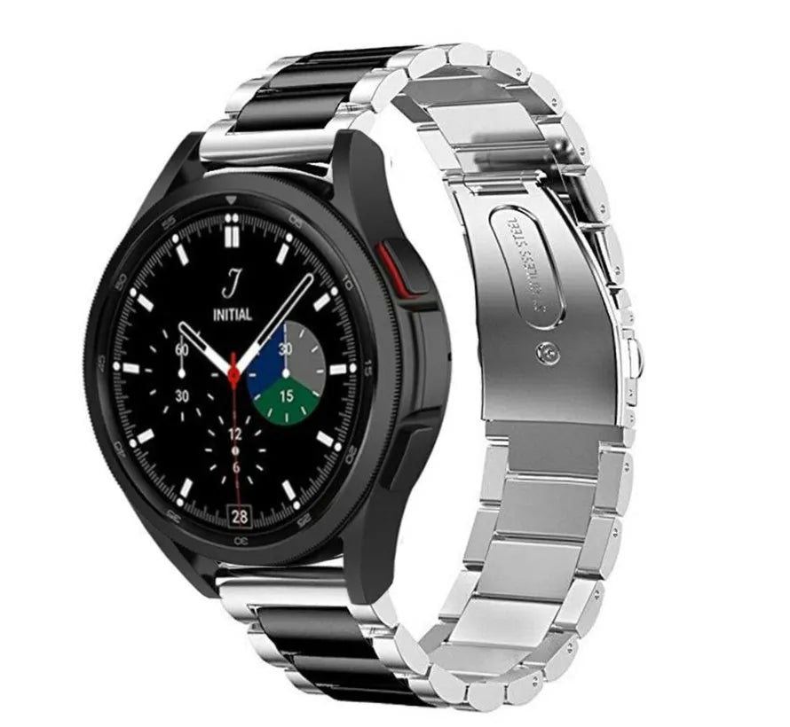 Steel Strap, silver/black, on a watch, 3/4 front view