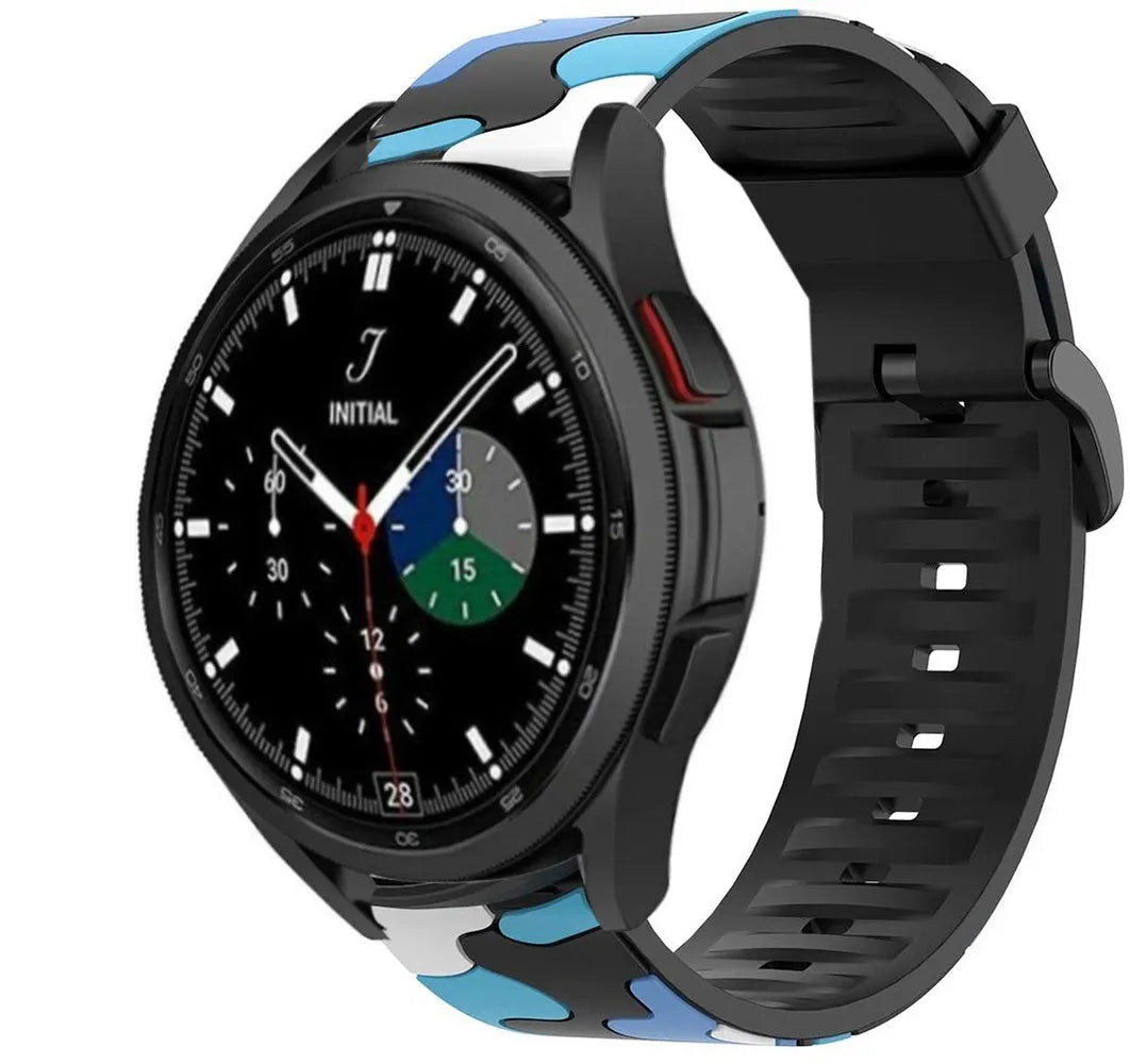 Silicone Camo Strap, blue, on a watch, 3/4 front view
