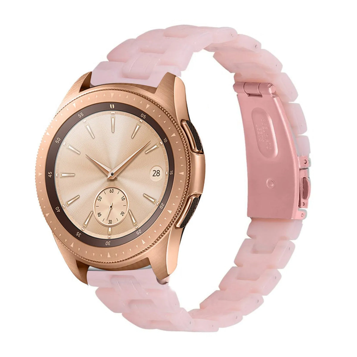 Metal Resin Strap, pink, on a watch, 3/4 front view