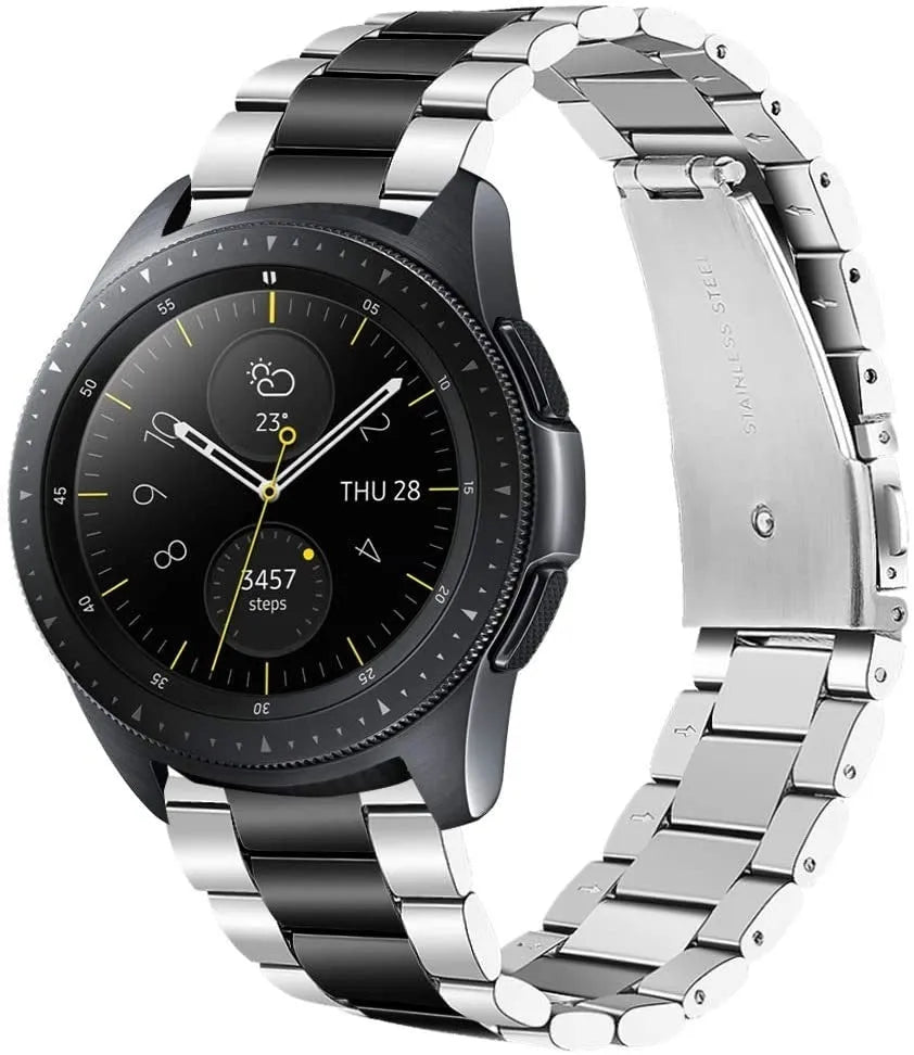 Steel Strap, silver/black, on a watch, 3/4 front view