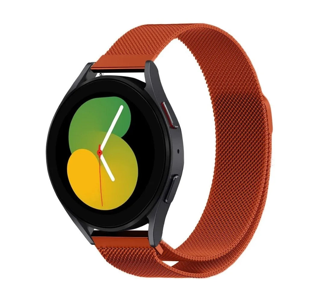 Milanese Strap, orange, on a watch, 3/4 front view