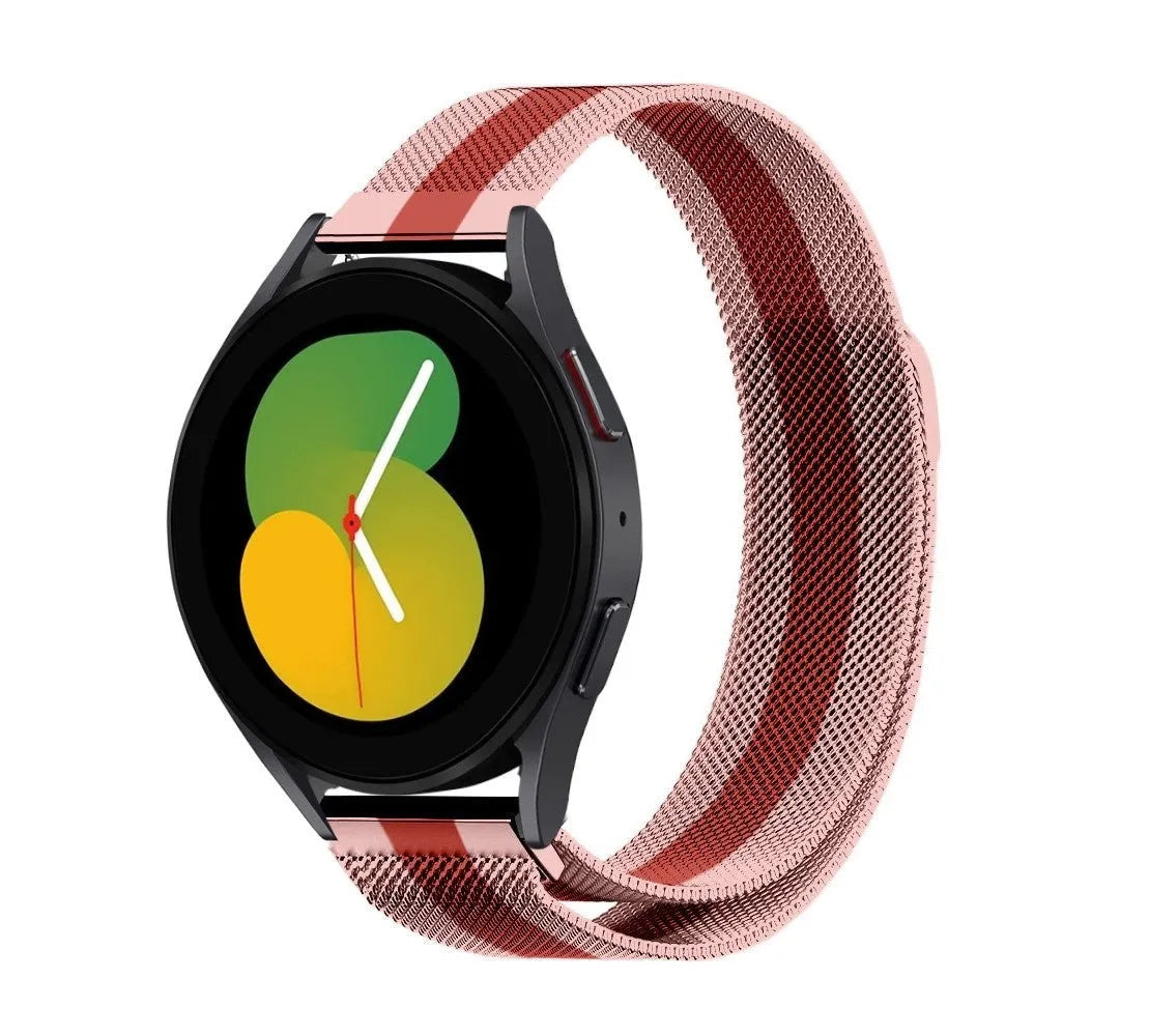 Milanese Strap, red/pink, on a watch, 3/4 front view