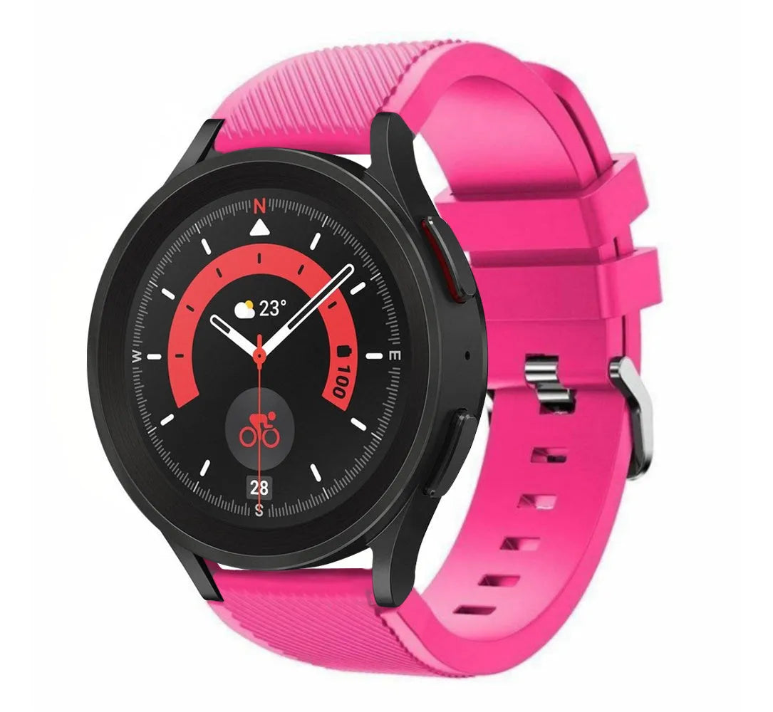 Twill Silicone Strap, bright pink, on a watch, 3/4 front view