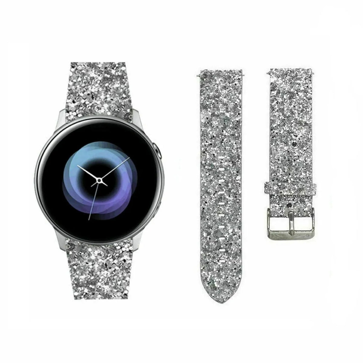 Leather Strap with Glitters, silver, on a watch, 3/4 front view