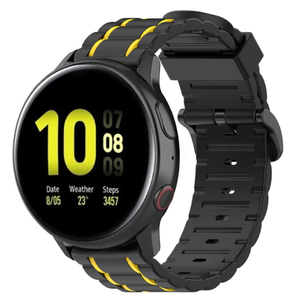Silicone Strap 'Tough', black/yellow, on a watch, 3/4 front view