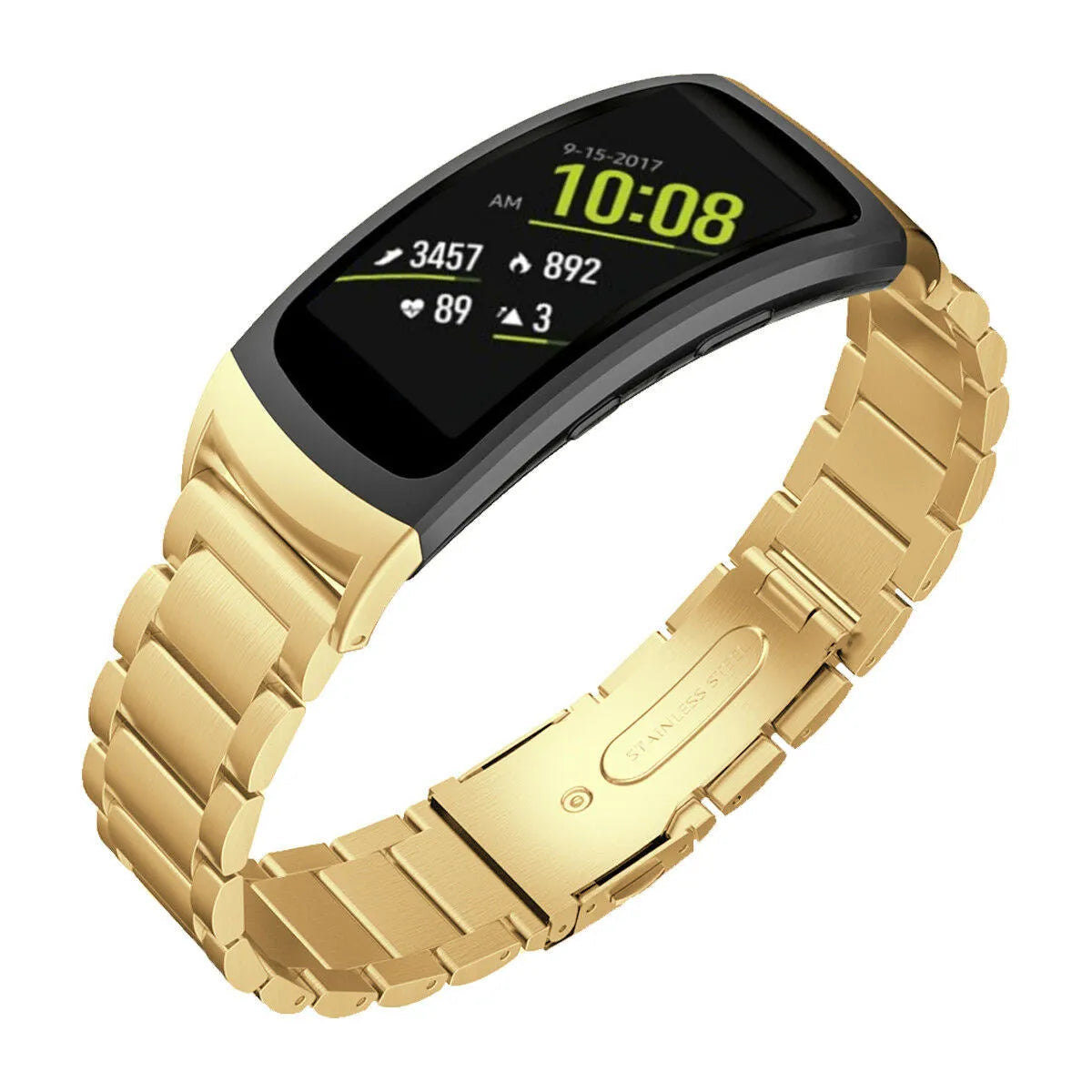 Steel Strap, gold, on a watch, 3/4 front view