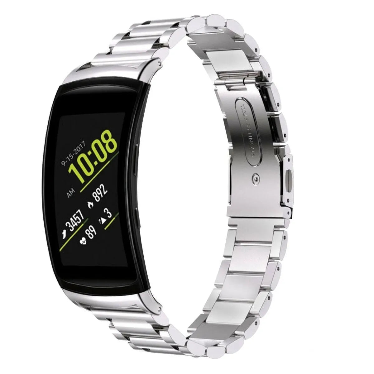 Steel Strap, silver, on a watch, 3/4 front view