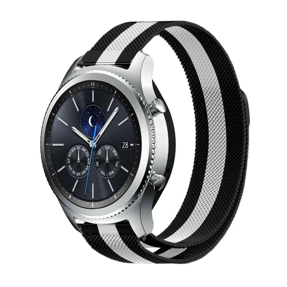 Milanese Strap, black/white, on a watch, 3/4 front view