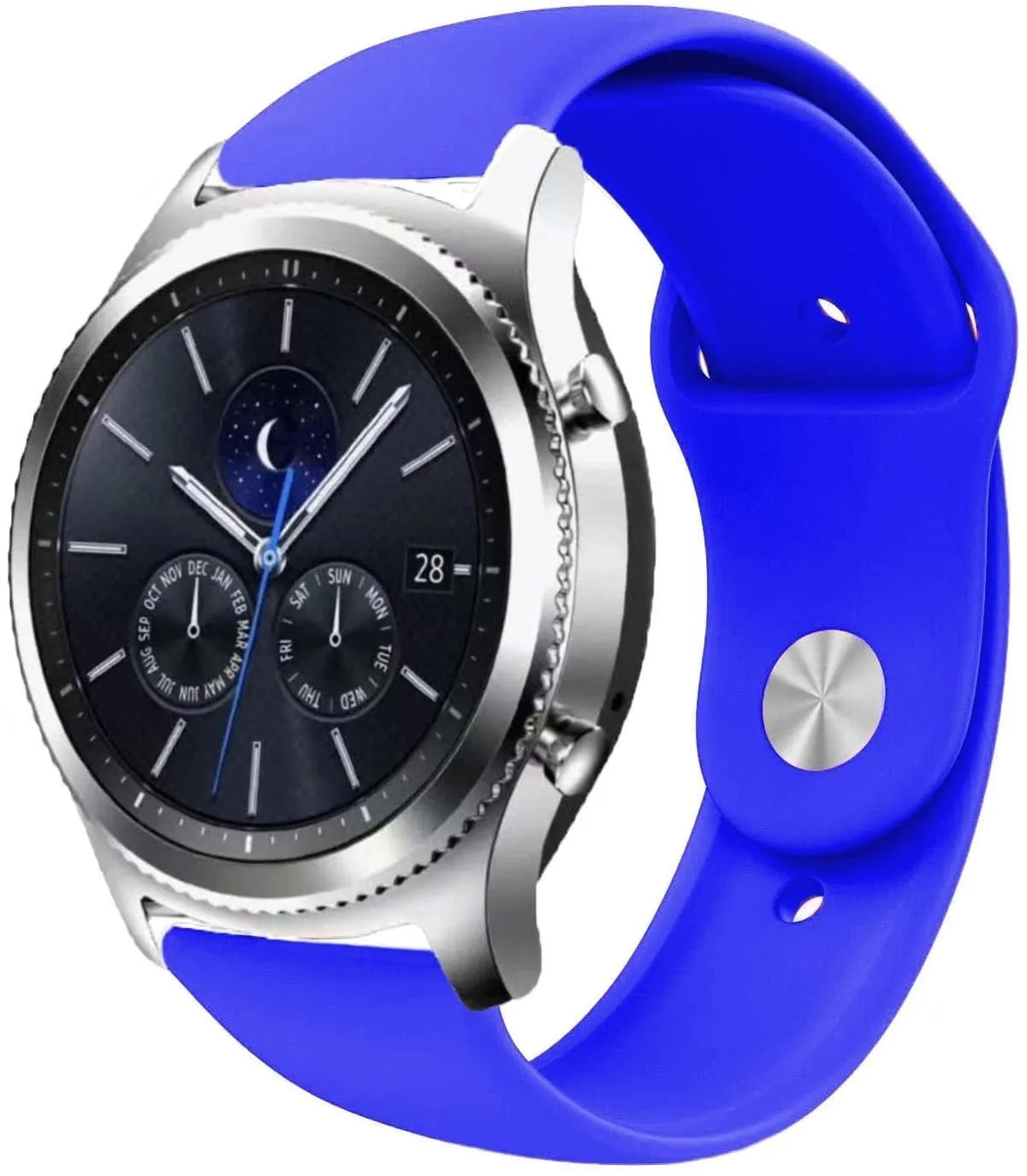 Silicone Sport Strap, blue, on a watch, 3/4 front view