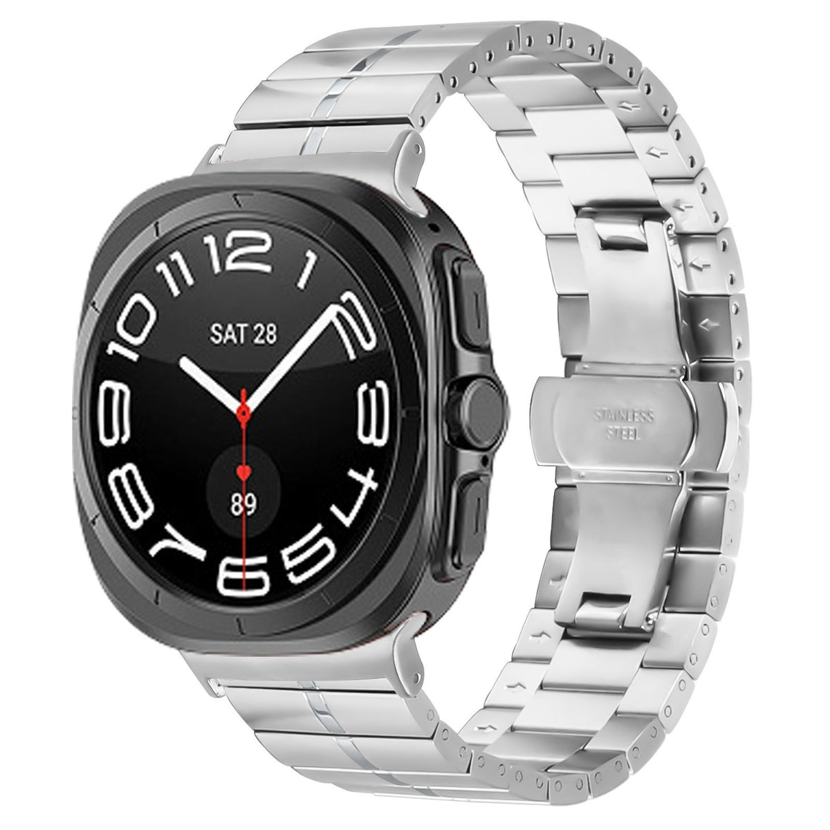 Premium Metal Strap, silver, on a watch, 3/4 front view