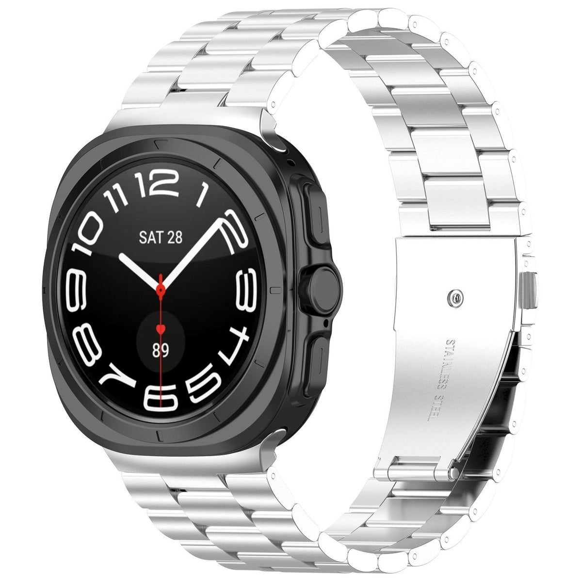 Steel Strap, silver, on a watch, 3/4 front view