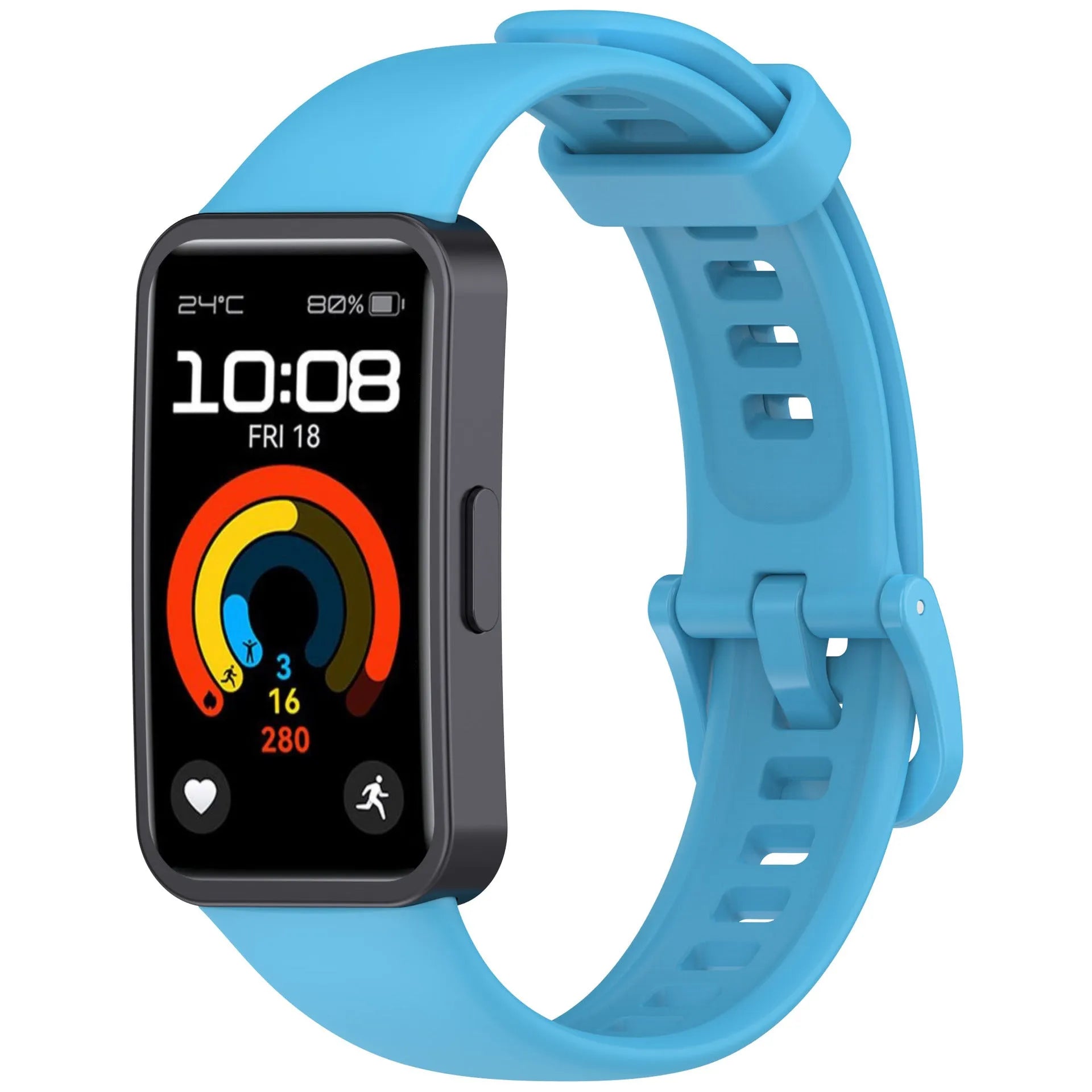 Silicone Strap, light blue, on a watch, 3/4 front view