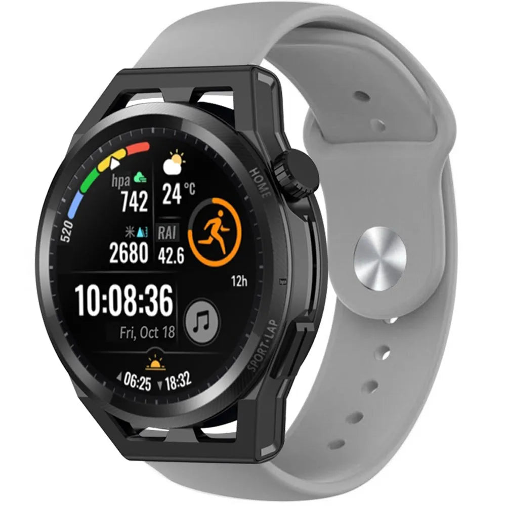 Silicone Sport Strap, grey, on a watch, 3/4 front view