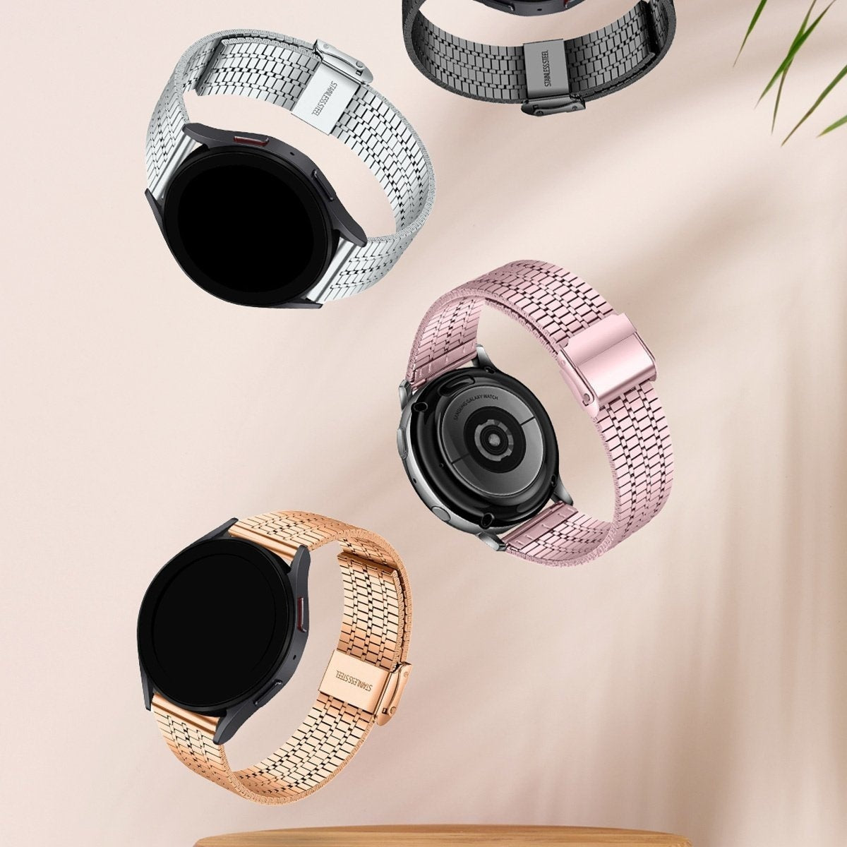 Fine Steel Strap, rose gold, on a watch, 3/4 front view