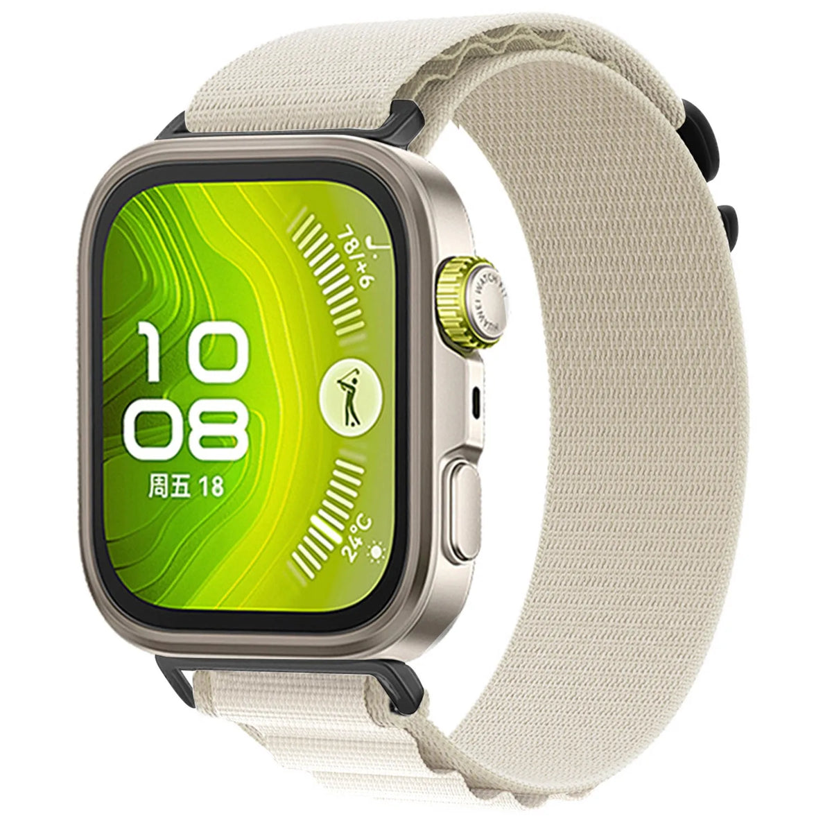 Alpine Nylon Strap, starlight, on a watch, 3/4 front view