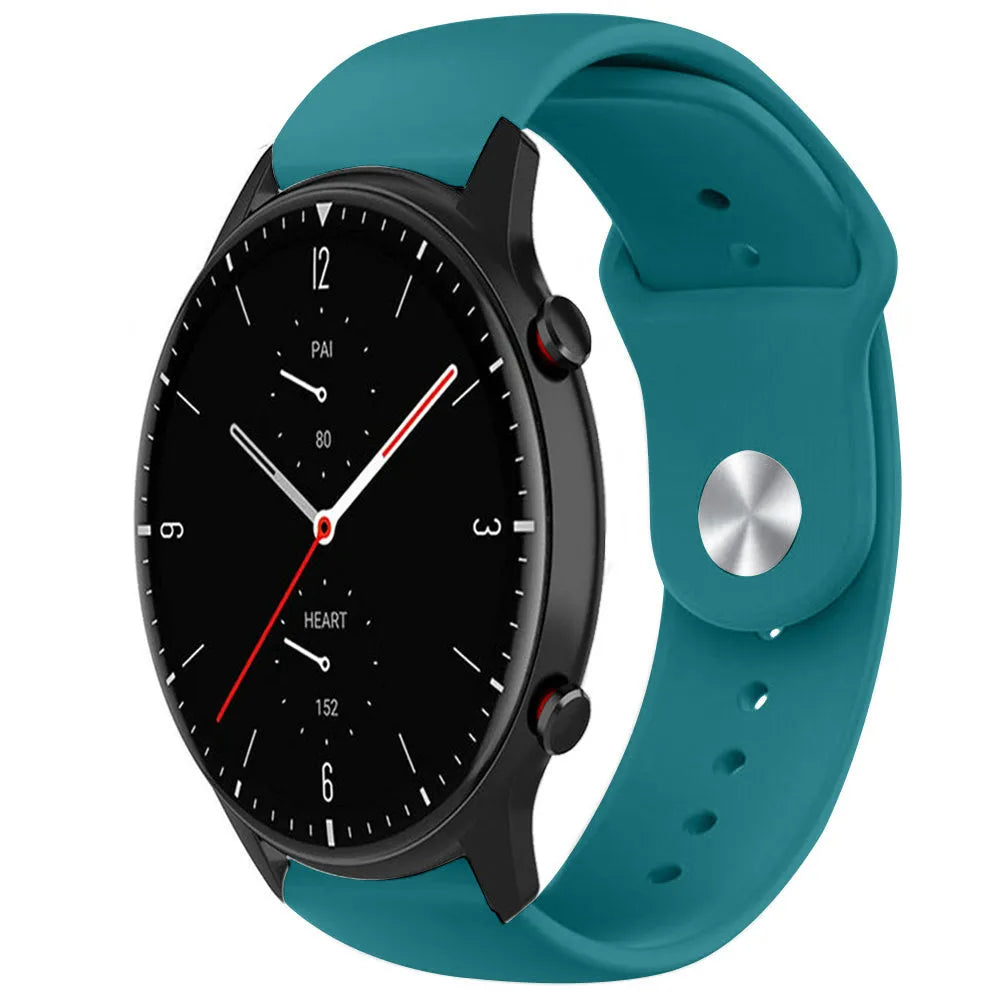 Silicone Sport Strap, green-blue, on a watch, 3/4 front view
