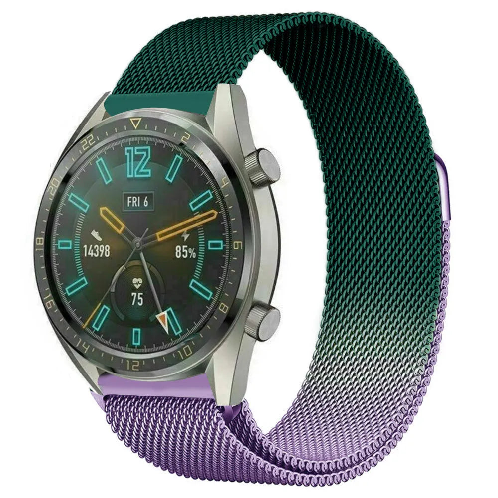 Milanese Strap, purple/green, on a watch, 3/4 front view
