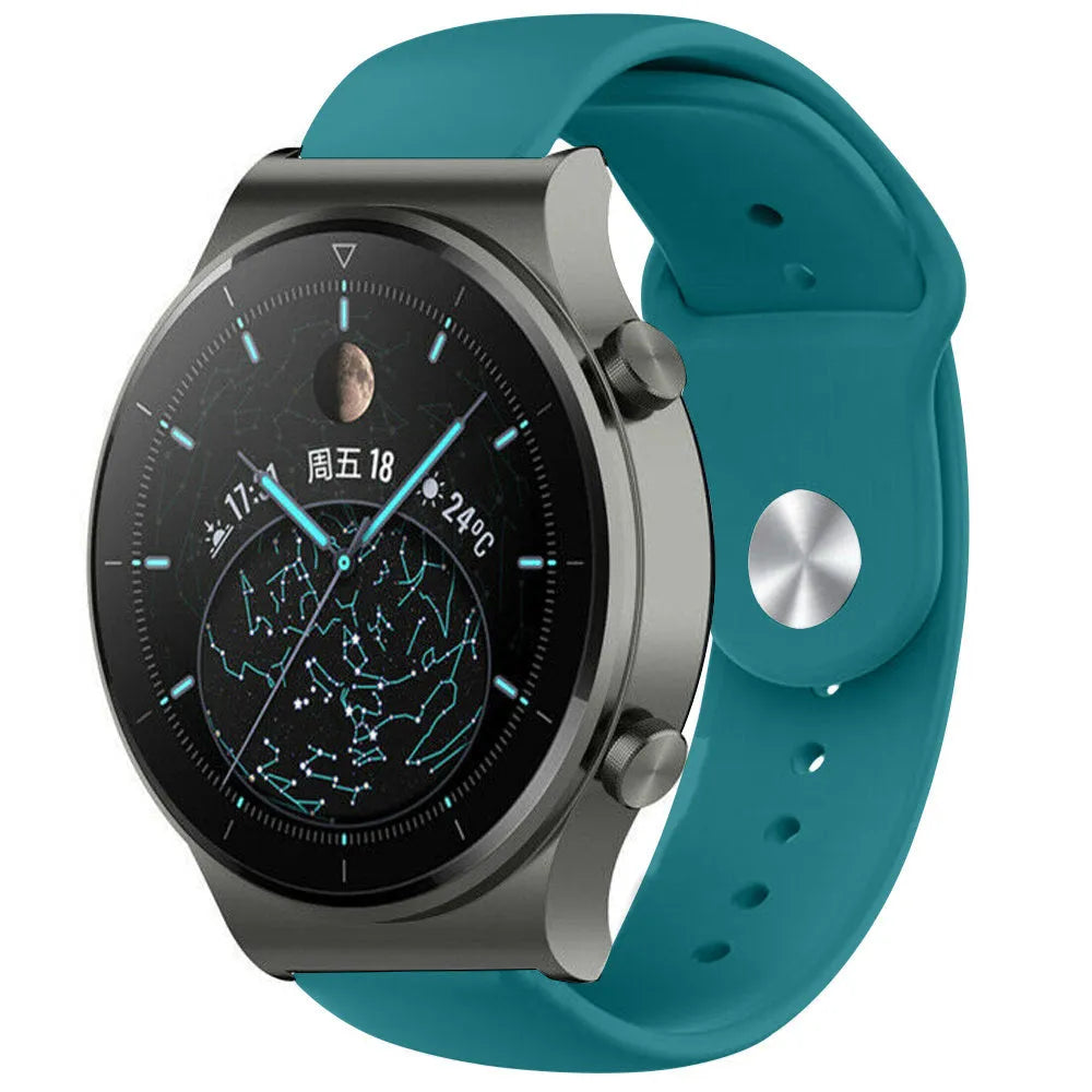 Silicone Sport Strap, green-blue, on a watch, 3/4 front view
