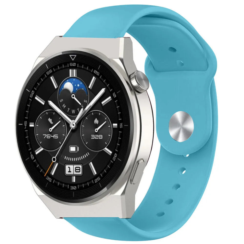 Silicone Sport Strap, light blue, on a watch, 3/4 front view