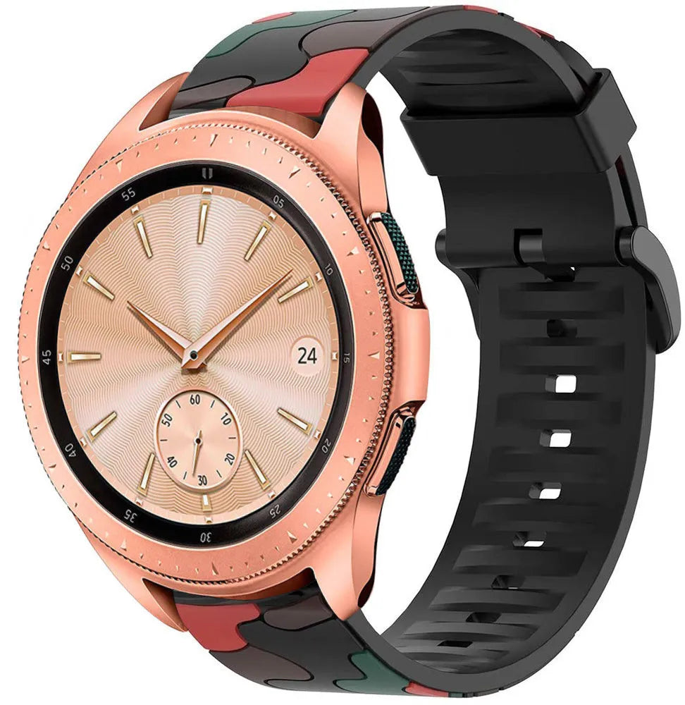 Silicone Camo Strap, red, on a watch, 3/4 front view