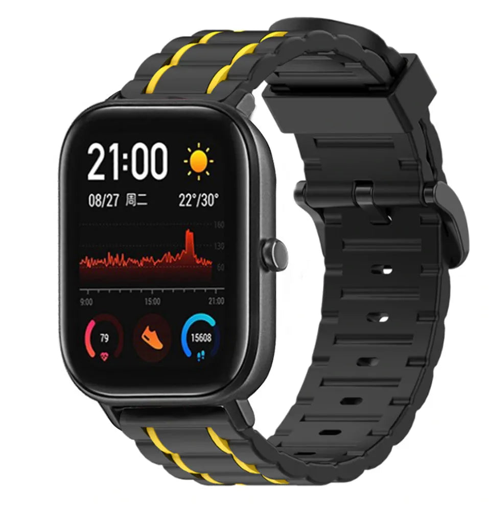 Silicone Strap 'Tough', black/yellow, on a watch, 3/4 front view