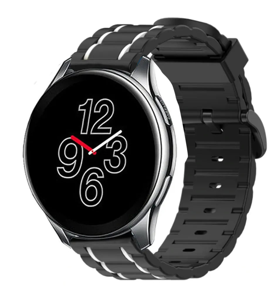 Silicone Sport Strap with Buckle, black/white, on a watch, 3/4 front view