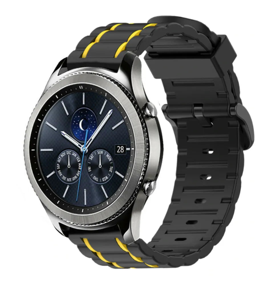 Silicone Sport Strap with Buckle, black/yellow, on a watch, 3/4 front view